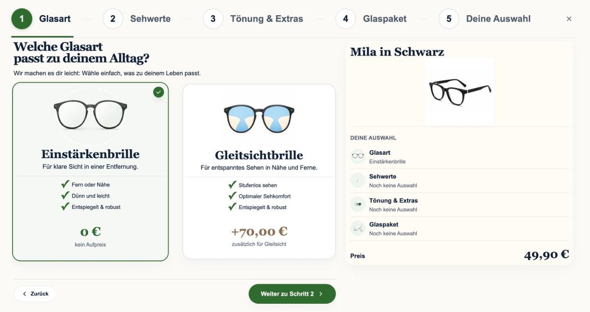 My-Spexx Konfigurator Schritt 1: Glasart – Einstärkenbrille oder Gleitsichtbrille