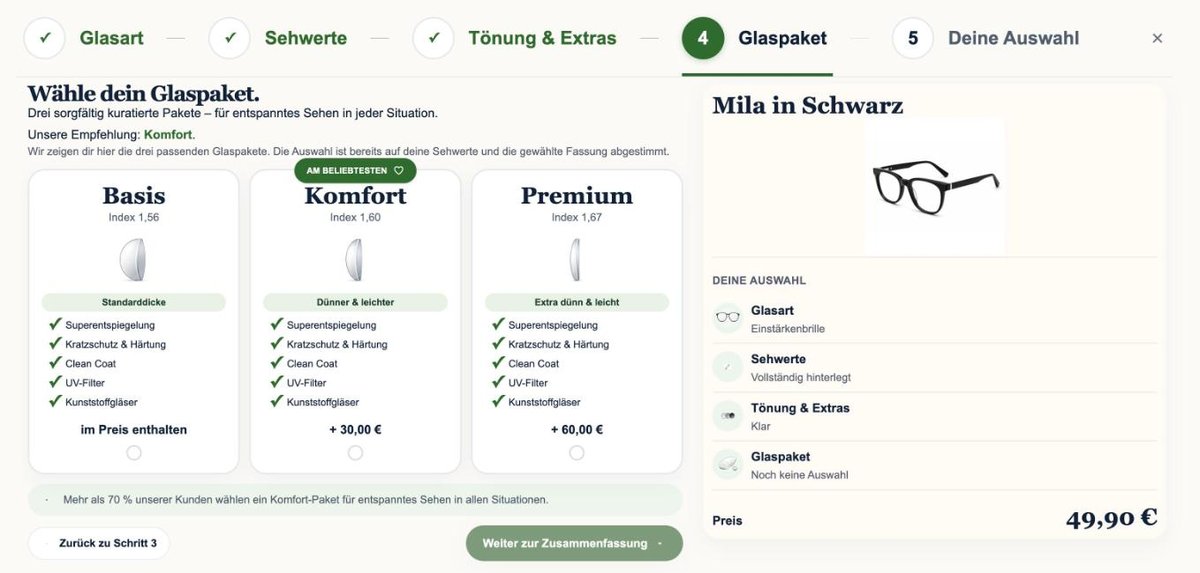 My-Spexx Konfigurator Schritt 4: Glaspaket – Basis 1,56, Komfort 1,60, Premium 1,67