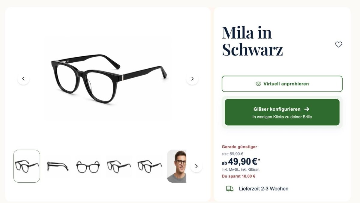 Produktseite Mila in Schwarz bei My-Spexx: ab 49,90 € inkl. Gläser, Lieferzeit 2–3 Wochen, virtuell anprobieren
