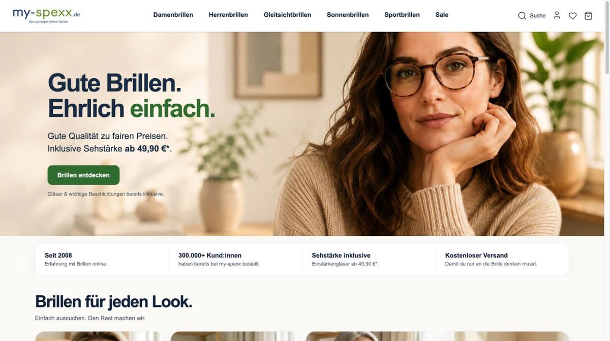 Startseite von my-spexx.de: Gute Brillen, ehrlich einfach – inklusive Sehstärke ab 49,90 €