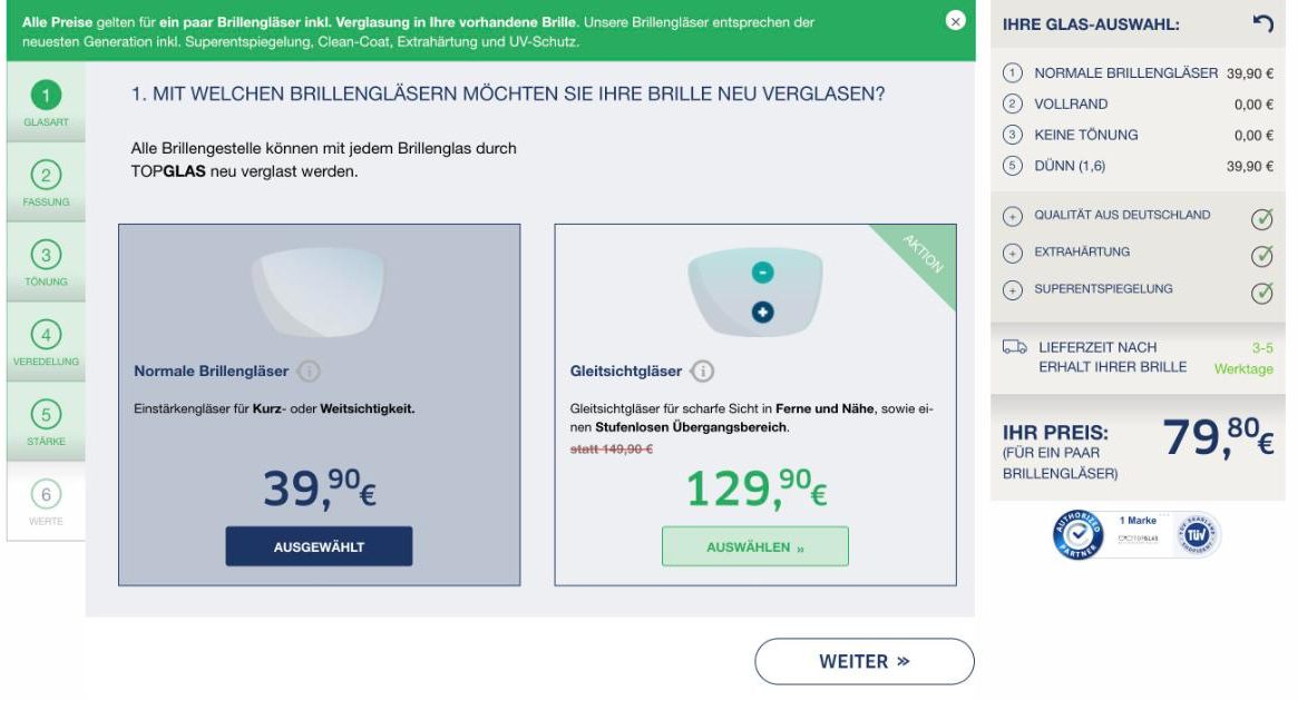 TOPGLAS Konfigurator Schritt 1: Glasart wählen – normale Brillengläser oder Gleitsichtgläser