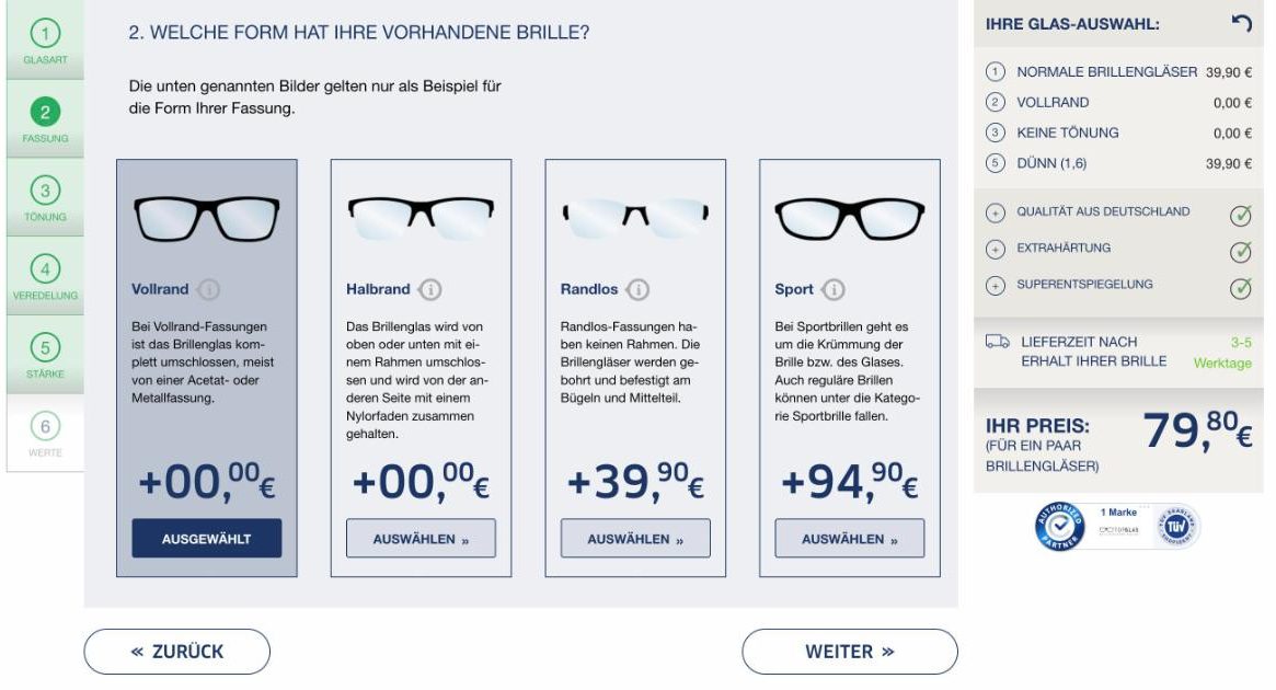 TOPGLAS Konfigurator Schritt 2: Form der Fassung – Vollrand, Halbrand, Randlos, Sport