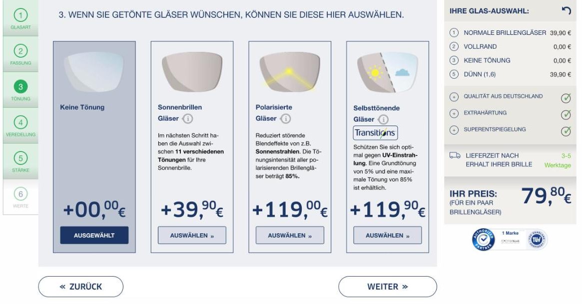 TOPGLAS Konfigurator Schritt 3: Tönung – keine Tönung, Sonnenbrillengläser, polarisiert, selbsttönend