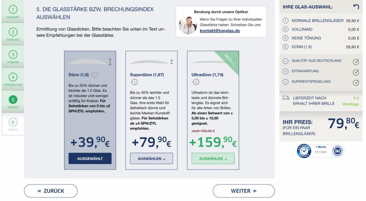 TOPGLAS Konfigurator Schritt 5: Glasstärke – Index 1,6, 1,67 oder 1,74