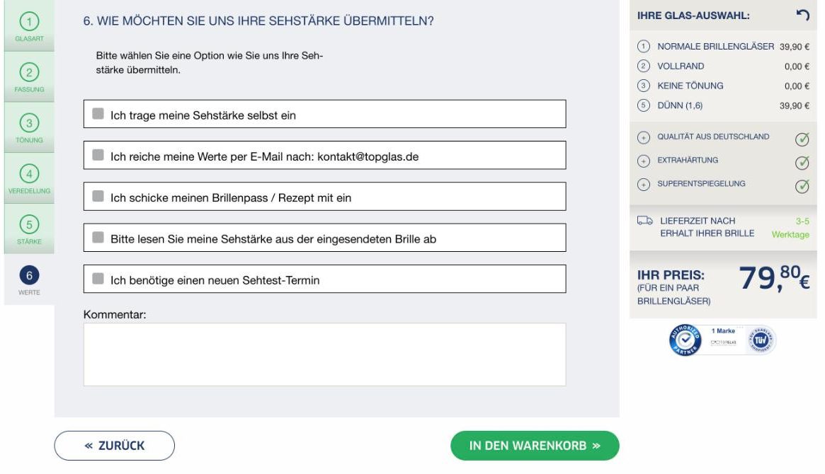 TOPGLAS Konfigurator Schritt 6: Sehstärke übermitteln – selbst eintragen, per E-Mail, Brillenpass oder aus der alten Brille ablesen