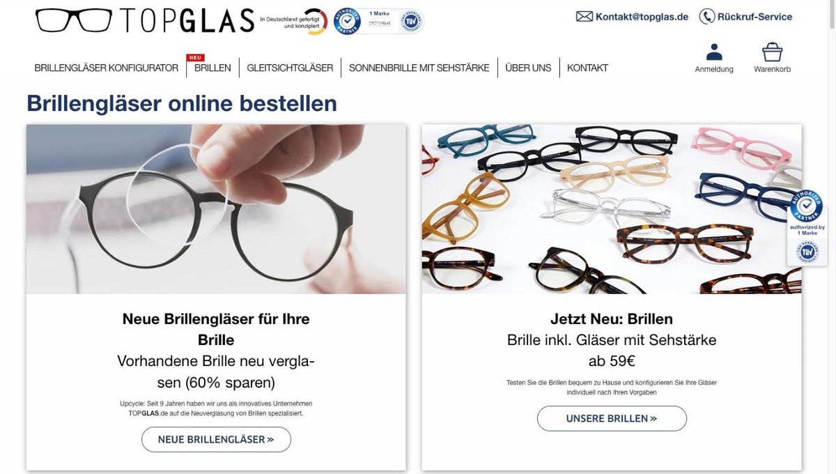 Startseite von topglas.de: Neue Brillengläser für Ihre Brille, 60 % sparen
